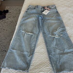 Trendy Light Blue Distressed Wide Leg Jeans